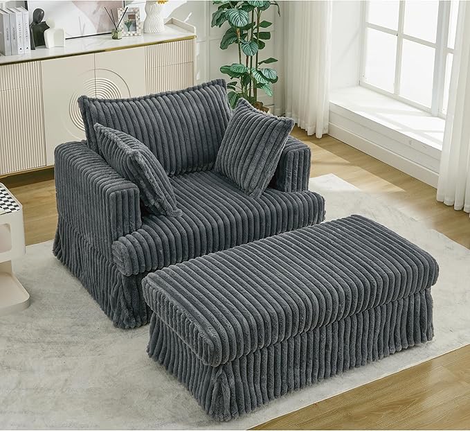 Eafurn Corduroy Accent Chair with Movable Ottoman 47.8 Oversized Reading Chair Lounge Armchair for Living Room Bedroom Small Space Modern Single Sofa Couch