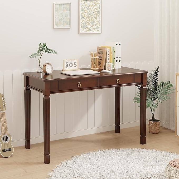 LEEMTORIG Vintage Solid Wood Writing Desk with 2 Drawers 46.1 W Large Secretary Desk Cherry Wood Writing Table for Home Office Traditional French Provincial Mahogany Desk Cherry Walnut BSZ-D1258
