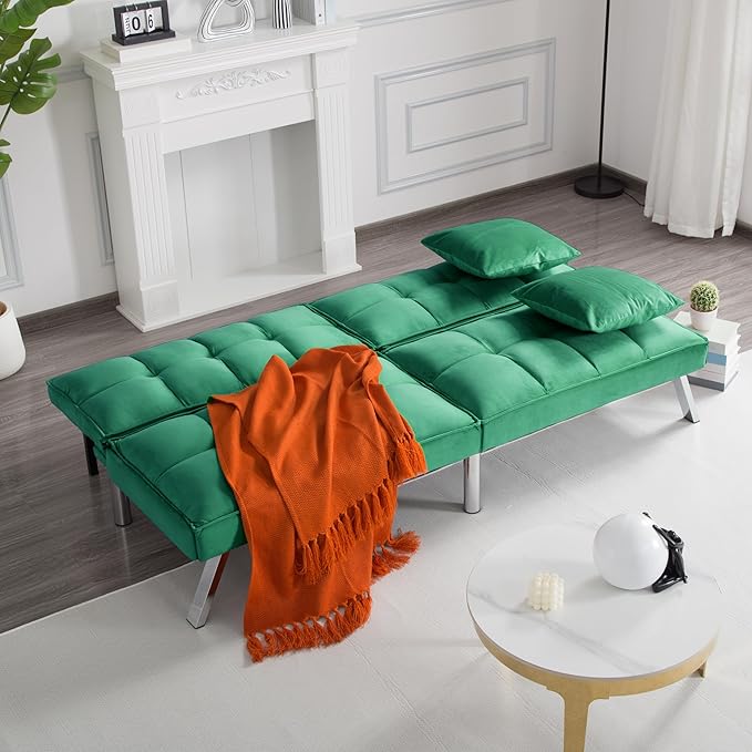 68 Modern Futon Sofa BedConvertible Sleeper Bed Couch with 4 Reclining Backrest with 2 PillowsComfy Velvet Cloud Sofa Loveseat for Living Room Bedroom Office (Green)