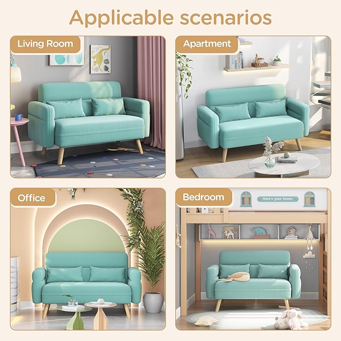 Yaheetech 46 Small Modern Fabric Sofa Loveseat Mid Century 2 Seater Sofa Couch with Lumbar Pillows Solid Wood Legs for Living Room Small Space Dorm Office Bedroom Aquamarine