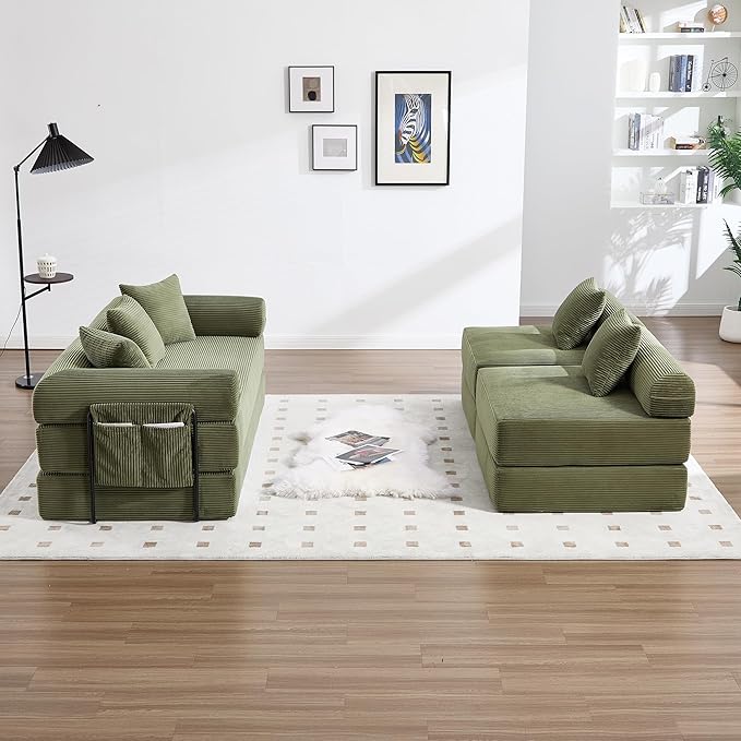 10-in-1 Folding Convertible Sofa Bed 141 Inch Boneless Couch with Fixed-Shape Frame Corduroy Modular Sectional Sofa Mattress Sleeper Sofa Floor Sofa Futon Couch for Living Room (Green)
