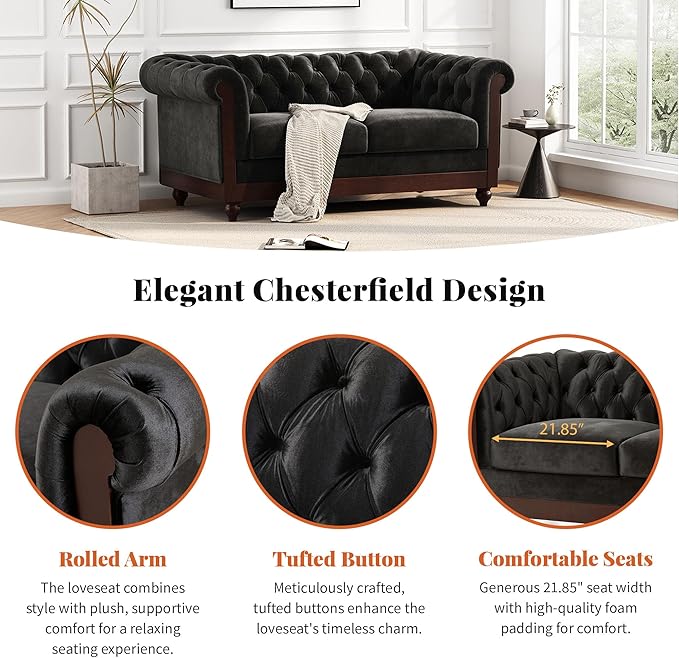 Merax Velvet Chesterfield Sofa Retro Style Upholstered 3 Seater Leather Couch Rolled Arm for Living Room Bedroom Office Black