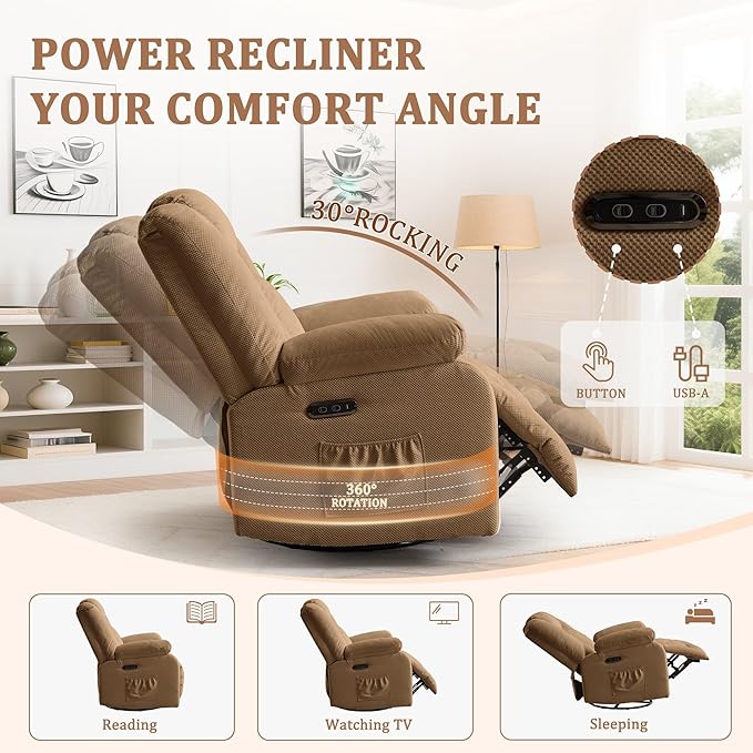 Rocker Recliner Chairs for Adults Swivel Rocking Chair with Heat and Massage Modern Electric Recliner with Extra Wide Waffle Fabric Massage Chair Recliner for Living Room Bedroom