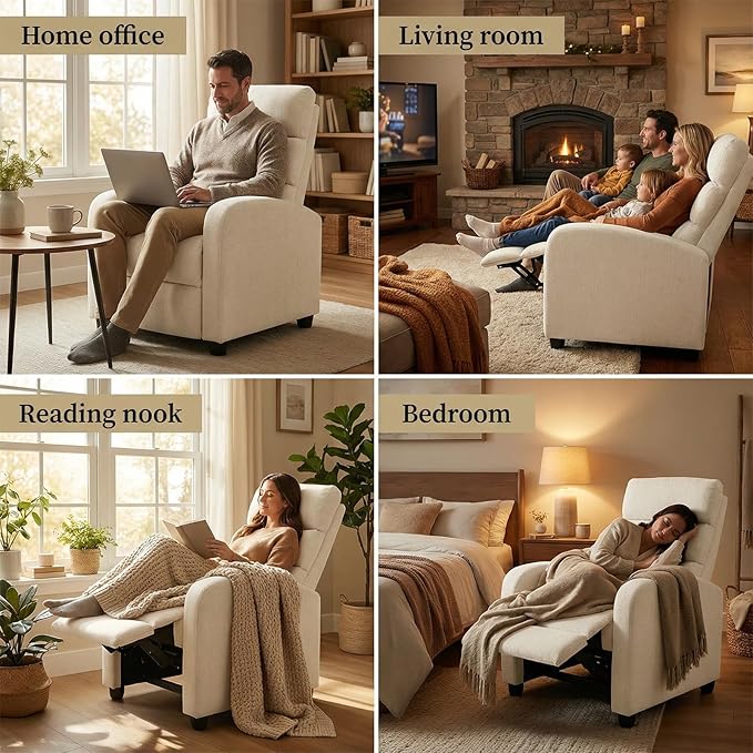 Furnimart 2-Piece Manual Recliner Chair for Small Spaces Chenille Reclining Chair with Chunky Cushion Comfortable Single Sofa for Adults Ideal for Living Room Bedroom Home Theater Beige
