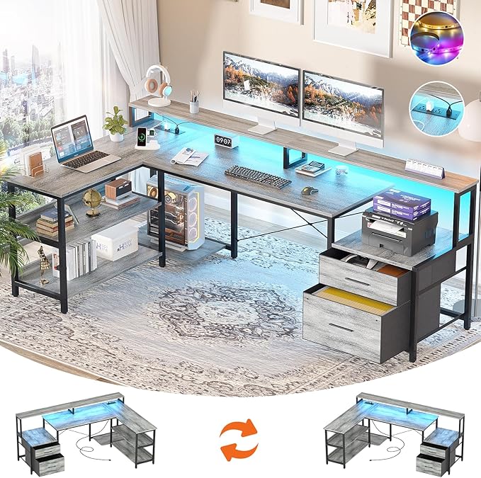 Aheaplus L Shaped Desk with File Drawer 72.8 Reversible L Shaped Computer Desk with Power Outlet &amp LED Strip Gaming Desk with Monitor Stand Office Desk Corner Desk with Storage Shelf White Oa