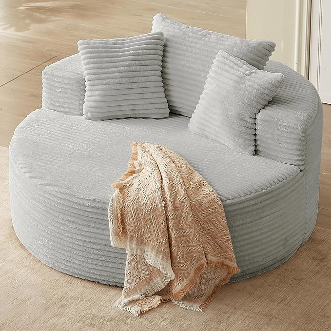 55''Oversized Round Chair Lounge Chaise IndoorCloud Boneless Large Circle Chair with Plush CorduroyNo Assembly RequiredFluffy Modern Sleeper Sofa Bed for ReadingLiving Room(GreyFabric Upgrade)