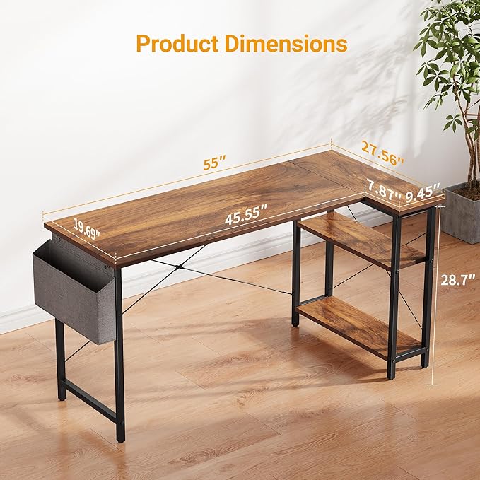 Cubiker L Shaped Desk 55 Computer Desk with Reversible Storage Shelves Home Office Corner Desk Study Writing Gaming Table Deep Brown