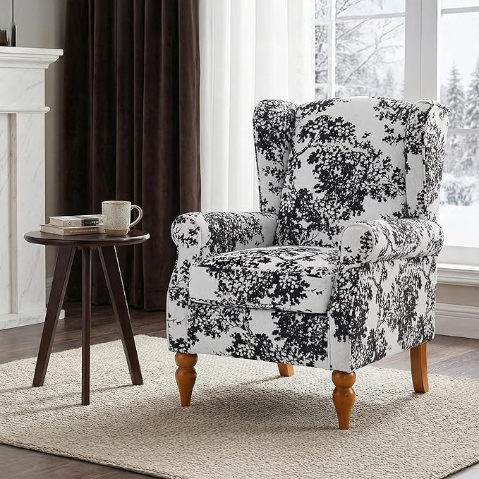 High Back Wingback Accent Chair Modern Upholstered Armchair Comfy Reading Chair with Solid Wood Legs for Living Room Bedroom Library Floral