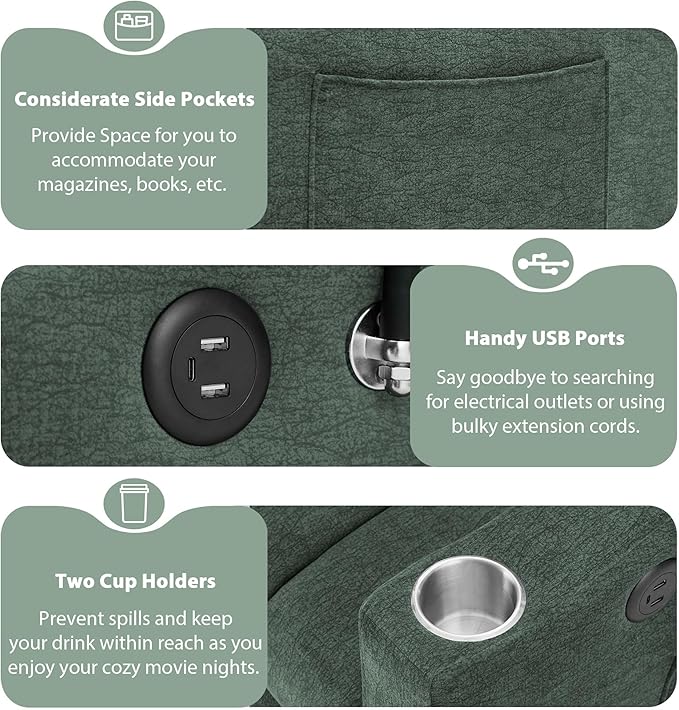 Bellemave 55.9 Convertible Sofa Bed Loveseat 3-Position Recliner to Sleeper with USB Ports Cup Holders 360°Swivel Phone Holder &amp Side Pockets for Small Space Green