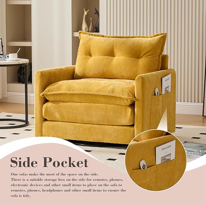 Swivel Accent Chair 360° Rotation Chenille Upholstered Leisure Armchair with Lumbar Pillow Thick Padded Arm Chair with Metal Base Single Sofa Chair for Living Room BedroomOffice (Mustard yellow)