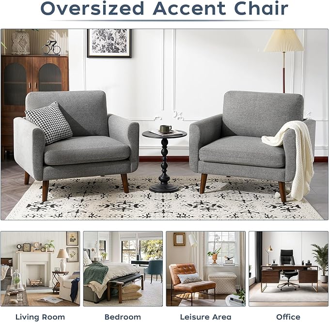 ELUCHANG Accent Chair Set of 1 Oversized Mid Century Modern Arm Chair Soft Linen Fabric Sofa Chairs Upholstered Comfy Chair for Living Room Bedroom Apartment (Grey)