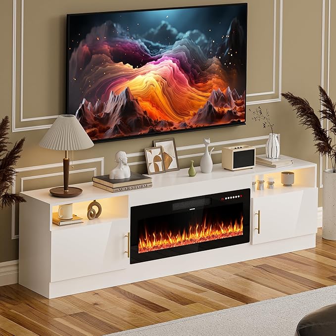 AHB Fireplace TV Stand 80 Inch LED Light Entertainment Center with 36 Electric Fireplace Storage Cabinet and Door Handles Media Console Table for TVs Up to 90 Inches Ideal for Living Room