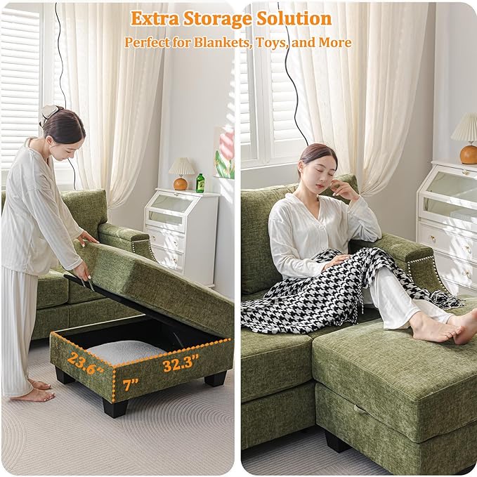 85 Sectional Couches with Storage OttomanL Shaped Couch with Armrest Organizer3-Seater SofaSmall Sofas for Living RoomApartmentSofa Set with Oversized ChairChenilleGreen