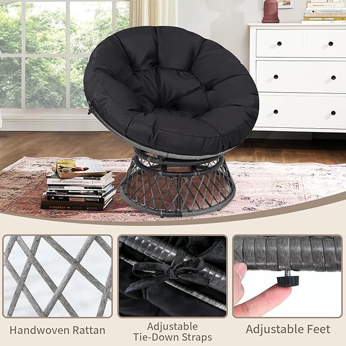 40 Ergonomic Wicker Papasan Chair 360° Swivel Indoor Outdoor Rattan Chair with Soft Thick Cushion Ideal for Living Room Bedroom Reading Room Grey Frame with Black Cushion
