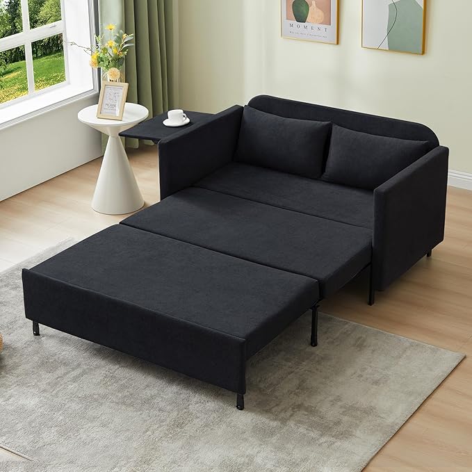 51'' Small Pull Out Sofa Bed 3-in-1 Convertible Sleeper Couch Bed Chenille Futon Sleeper Sofa with Side Table and 2 Pillows Modern Loveseat Couch for Living Room Bedroom Home Office (Black)
