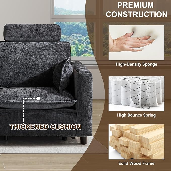 Oversized Power Reclining Sofa with Adjustable Headrest Storage Seat Power Loveseat Recliner Sofa with USB Port Wall Hugger Comfy Cloud Couch Chenille for Living Room (Grey Sofa)