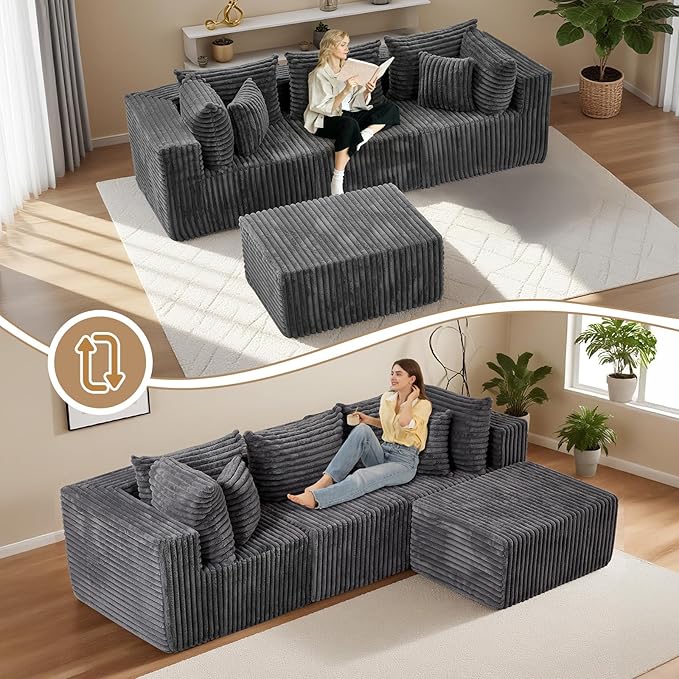 104 Inch Cloud Couch SectionalCorduroy Boneless Couches for Living RoomL-Shaped Modular Sectional Sofa with Removable Ottoman and Deep SeatNo Assembly RequiredGrey