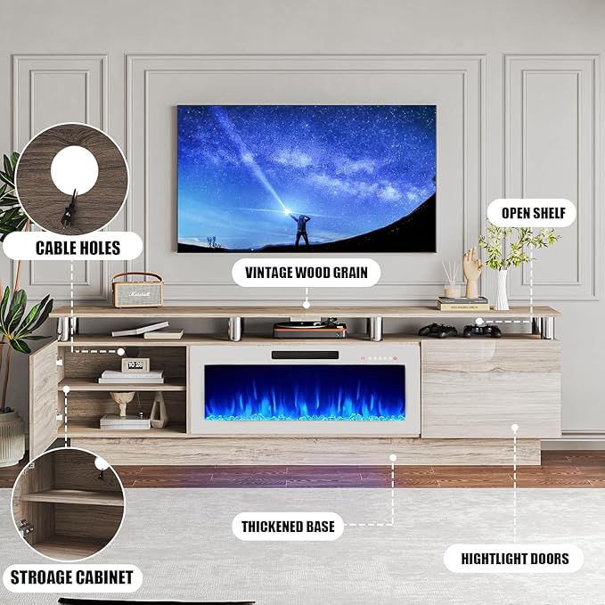 80 Modern Fireplace TV Stand with 36 Electric Fireplace for TVs Up to 90 inch Luxury LED Light Entertainment Center with High Gloss Cabinet Grey + Silver Posts with White Fireplace