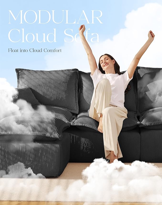 107 Boneless Comfortable Couch with Chaise L Shaped Modular Sectional Couches for Living Room Grey Corduroy Sofas with Ottoman Compressed Sofa in a Box No Assembly Required