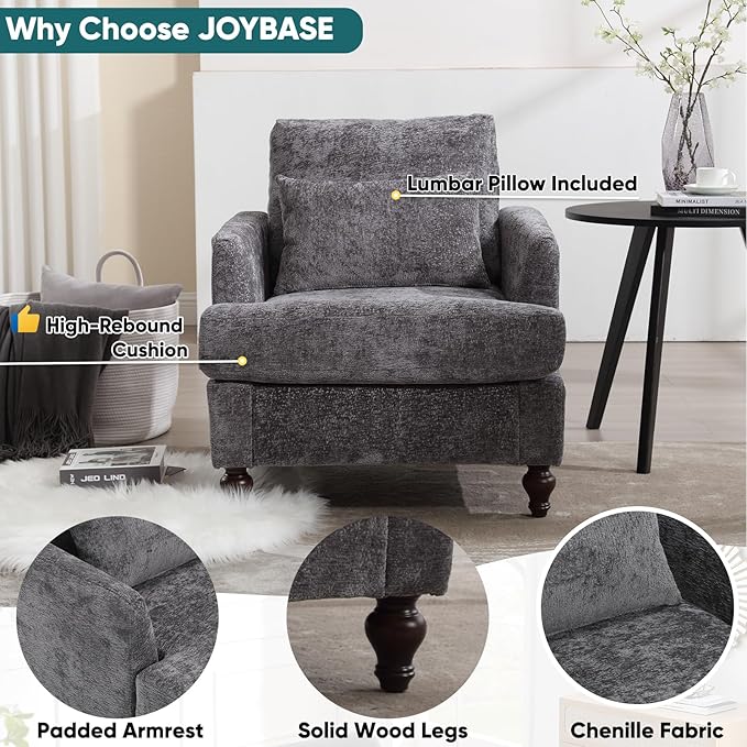 JOYBASE Accent Chair Single Sofa Chair Mid-Century Modern Upholstered Armchair Reading Club Chair for Living Room Office Bedroom (Grey Chenille)