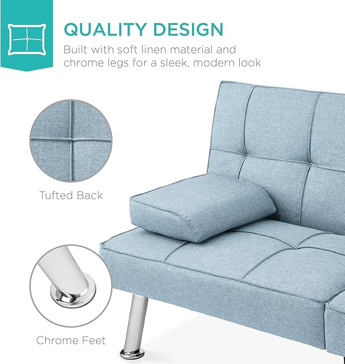 Best Choice Products Linen Modern Folding Futon Reclining Sofa Bed for Apartment Dorm w/Removable Armrests 2 Cupholders - Light Blue
