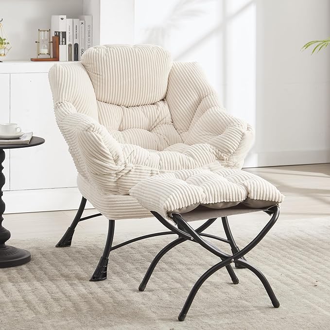 HOMEFUN Lazy Chair with Ottoman Bedroom Chairs for Adults Modern Lounge Accent Chair with Armrests Ergonomic Footrest for Small Spaces Comfy Reading Chair for Living Room Bedroom Office White