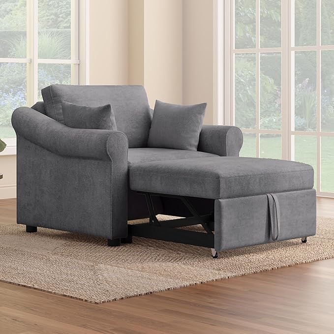 Convertible Sleeper Chair with Adjustable Backrest 3-in-1 Sleeper Chair with Metal Frame 3 in 1 Lounger Chair Turns Into Bed Chenille Fabric Single Bed for Living Room