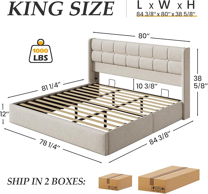 Lifezone King Size Lift Up Storage Bed Frame Linen Upholstered King Platform with Button Tufted Wingback Headboard and Under-Bed Storage Hydraulic Support No Box Spring Needed Noise Free Beige