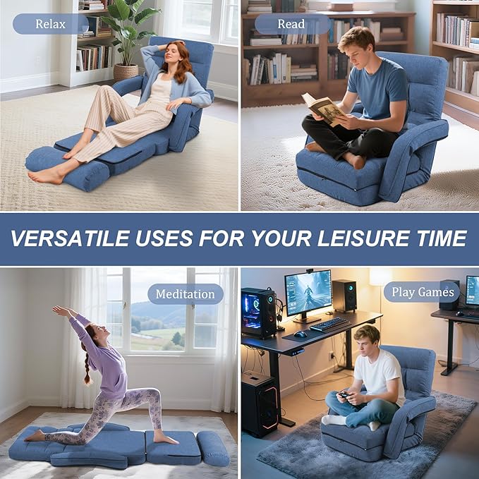 Adjustable Floor Chair for Adults with Back Suppor5-Position Folding Lazy Sofa with Pillow Gaming &amp Meditation Chair with Breathable Fabric - for Living Room Bedroom OfficeBalcony (Blue)