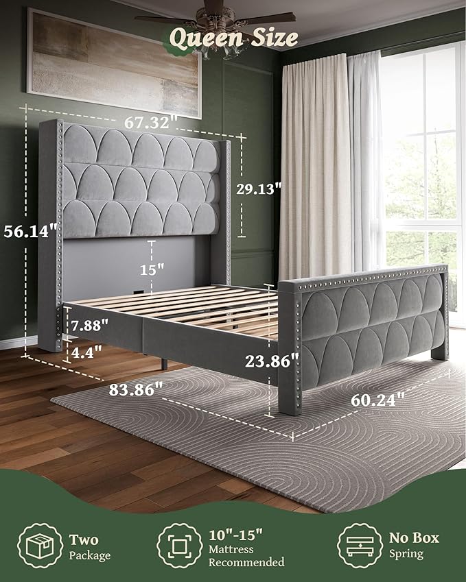 Queen Size Bed Frame with 56 Headboard - Velvet Upholstered Wingback Platform Bed Frame Noise Free Sturdy Wooden Slat Support (Deep Gray Queen)