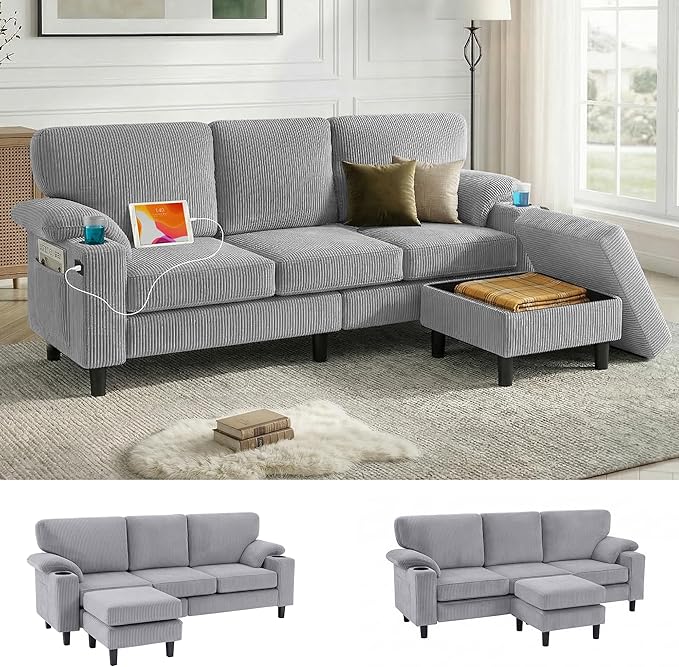80'' Modular Sectional Sofa 3-Seater L-Shaped Couch with Storage DesignCorduroy Fabric and Movable Ottoman for Living Room Office Apartment LightGray | USB Charging Cup Holders Side Pockets Ar