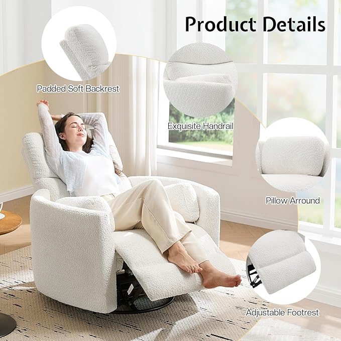Jocisland Power Recliner Nursery Chair for Adults Electric Swivel Rocking Glider with USB &amp Type-C Charge Teddy Sherpa Armchair with 2 Pillows Cozy Reclining Sofa for Living Room Bedroom Whit