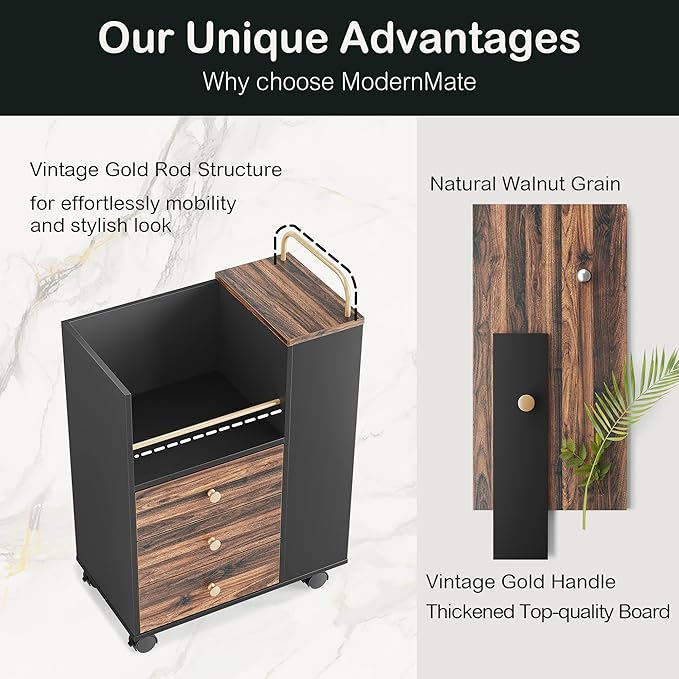 Mobile File Cabinet with 3 Drawers 20 Wood Lateral Filing Cabinet with Lockable Wheels Fit Letter/A4 Size or Home Office Utility Cart with Open Storage Shelf Black Walnut