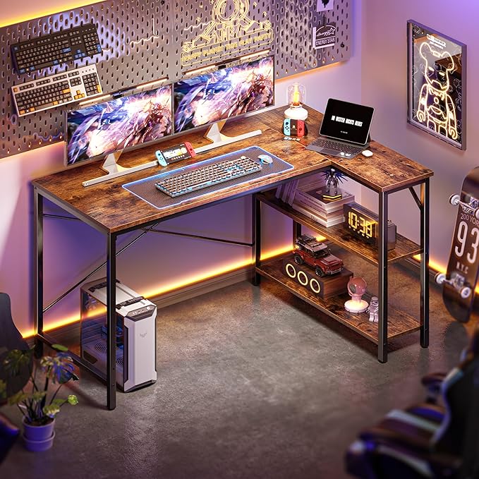 Huuger 47 Inches L Shaped Desk Computer Desk with Reversible Storage Shelves for Gaming Corner Home Office Writing Study Metal Frame Rustic Brown