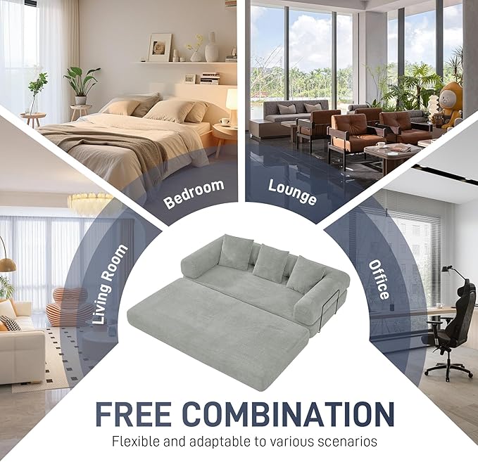 Convertible Sofa Bed Corduroy Memory Foam Compression Sofa Modular Floor Sofa with Pull-Out Bed Compressed Couch in Box Folding Sleeper Couches Bed for Living Room Bedroom Lounge Light Grey