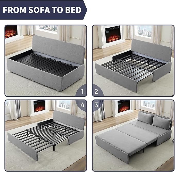 2 in 1 Pull Out Sofa Bed Queen Size Small Convertible Sleeper Sofa Couch Linen Folding Guest Bed with Wheels and Cushions Pillow Futon Sofas Couch Beds for Bedroom Office Lounge - Light Grey
