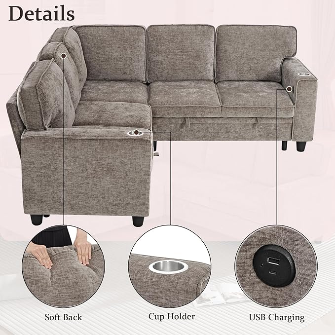 ERYE L-Shaped Symmetrical Sleeper Sectional Sofa W/Pull Out Sleeper Couch Bed and Storage Seat for Living Room Chenille Tufted Corner Convertible Sofa Bed with USB-C Ports
