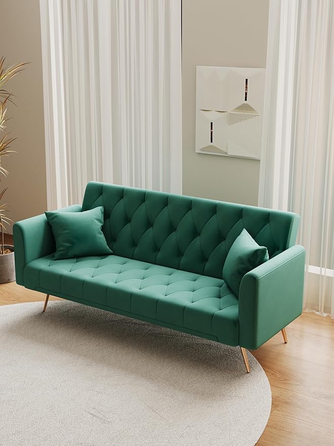 71 Convertible Velvet Futon Sofa Bed Loveseat with Multiple Adjustable BackrestsModern Sleeper Couch with Golden Metal Legs for Living RoomApartmentOfficeGreen