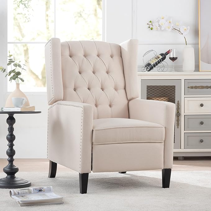 Pushback Recliner ChairComfy Wingback Recliner Sofa Chair with Adjustable BackrestTufted Fabric Accent Armchair with Vintage Rivets Trim for Living Room Office Home Theater (Beige-New)