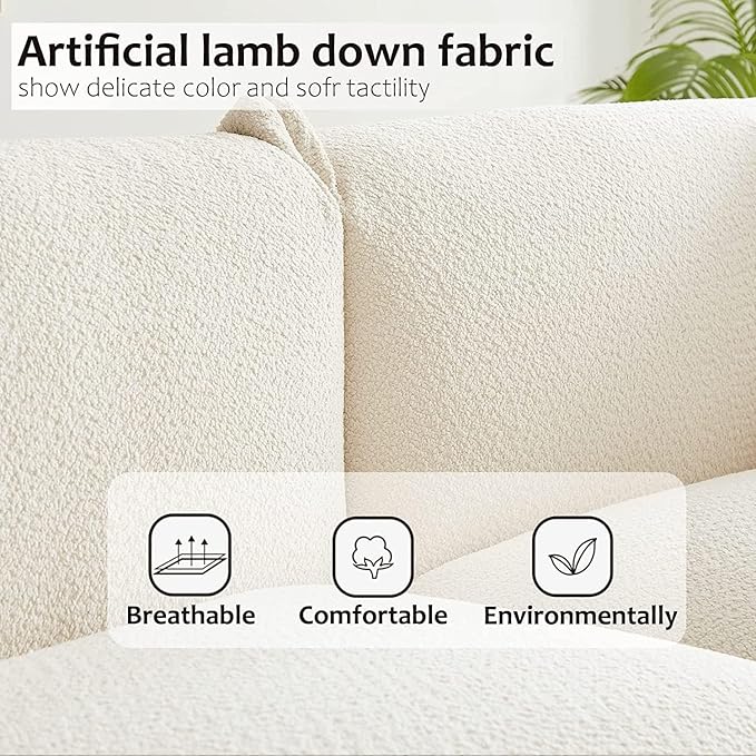 Hison Modern 86 Inch White Lambswool Sofa 3 Seater Upholstered Couch with Solid Wood Frame Deep Seat Comfortable &amp Sturdy