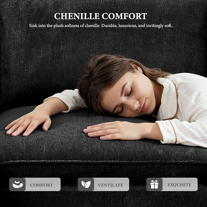 110 Sectional Couches for Living Room Boneless Couch Upholstered Cloud Couch Sectional Modular Sectional Sofa with L Shaped (Chenille-Black 3 Seat+2 Ottoman)
