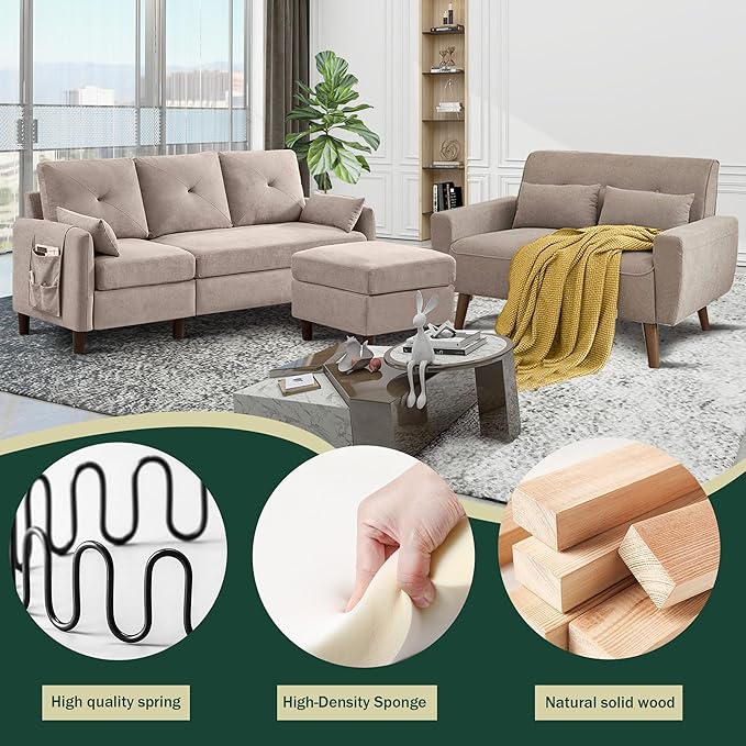 2 Piece Sofa Set Convertible L Shaped Couch with Reversible ChaiseModern 3 Seater Sofa and Loveseat Sectional Couch for Living Room Apartment Beige