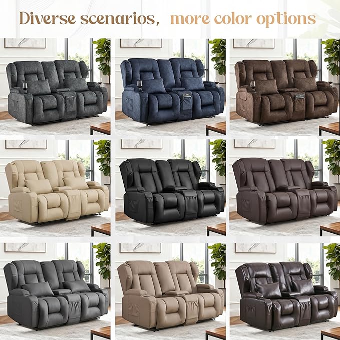 BINGTOO Manual Double Reclining Loveseat Sofa 2-Seater RV Wall Hugger Leather Couch for Living Room &amp Home Theater with Storage Console/Cup Holders/Side Pockets PU Brown