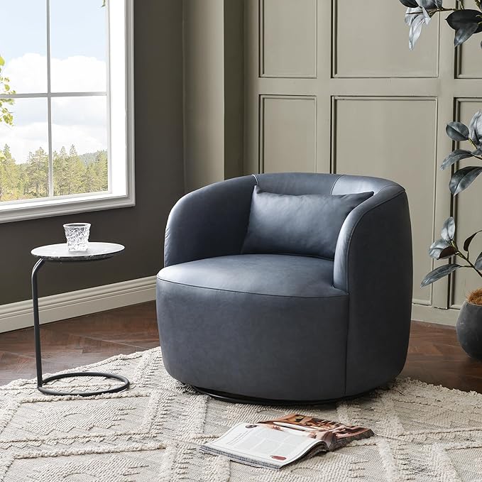 KINWELL 34 Wide Swivel Faux Leather Armchair No Assembly Upholstered PU Leather Swivel Accent Chairs with Toss Pillow for Living Room Office Lounge Navy