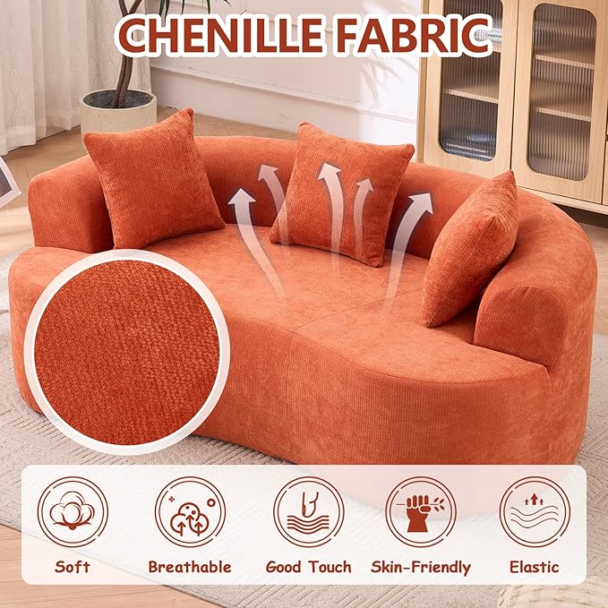 Luxury 80” Curved Loveseat Sofa Chenille Curved Couch with 2 Big Pillows &amp Extra Wide Armrests Comfy Upholstered Oversized Loveseat Couch &amp Sofa for Living Room (Orange 80 Inches)