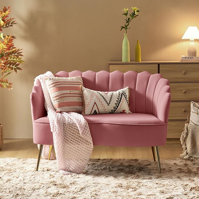 Velvet Upholstered Loveseat Sofa with Gold Metal Legs Modern Comfy Small Love Seat with Flower Shaped Back 2-Seater Sofa Accent Couch for Living Bedroom Leisure Areas Rose Wood