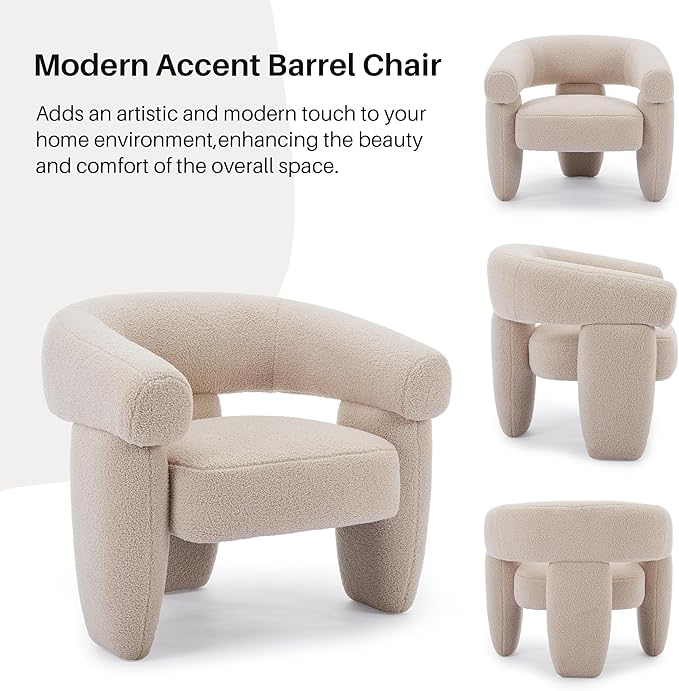 Mid Century Modern Accent Barrel Chair Comfy Upholstered Round Armchair with Montage Design Sherpa Boucle Lounge Chair for Living Room Bedroom Apartment Light Brown