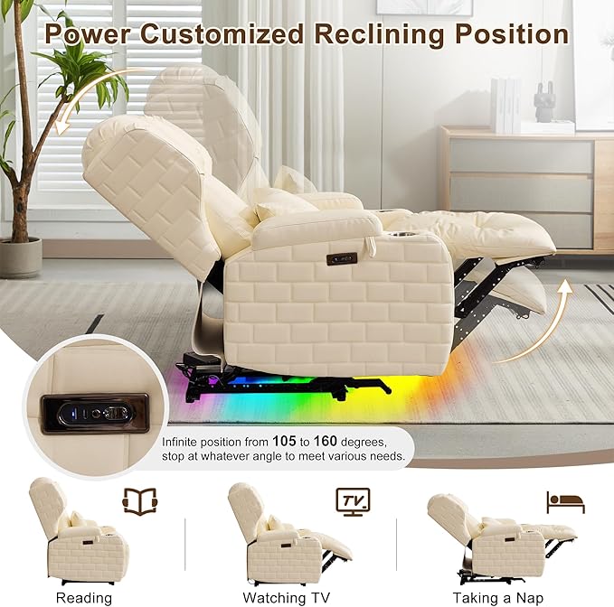 DRMBOOK Power Recliner Chair with 3-Sided Wrap Around LED Electric Wall Hugger Reclining Sofa with Massage &amp Heat Overstuffed Theater Seating with Cup Holders/USB Port (Upgraded Beige 1 Chair)