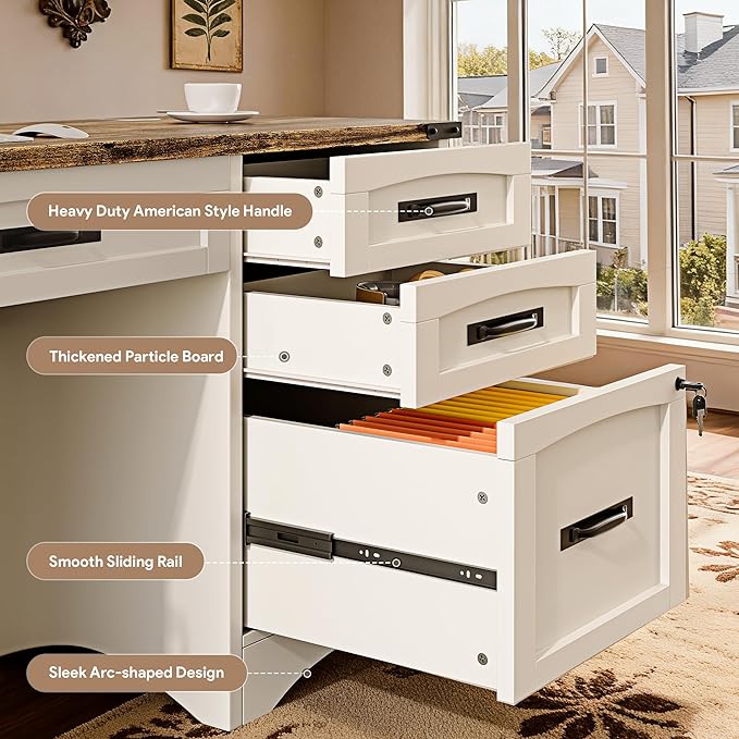 Farmhouse Executive Desk with Drawers 55 Home Office Desks with Fast Charging Station Lockable File Cabinet Wood Writing Computer Desk for Work Study White
