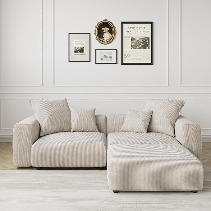 Modular Sectional Couch Sofa with 4 Pillows 102 L Shaped Sofa Couch with Chaise OttomansCorduroy Fabric Couches (Beige)